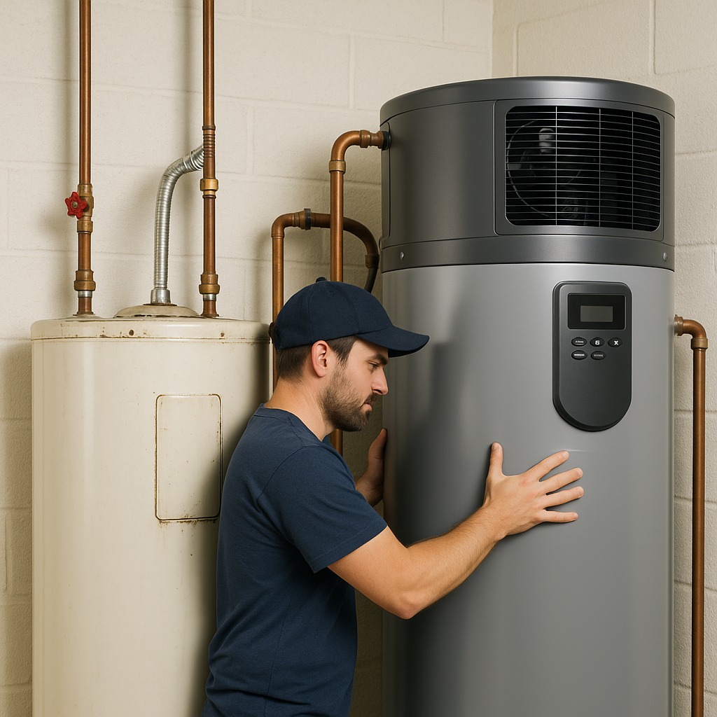a man touching a large heater