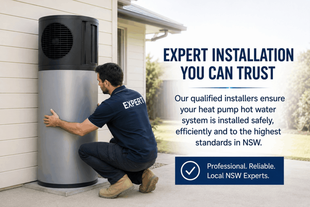 A professional installer fitting a heat pump hot water system through the Home Energy Saver Loan for Hot Water, helping NSW homeowners upgrade to a more energy-efficient solution.